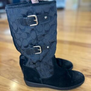 Coach Tinah Black Signature Suede Buckle Boots Mid-Calf Winter Lined 7B